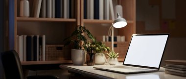 Bir dizüstü bilgisayar modeli, kitaplar ve dekoratif bitkilerin karanlık bir odada, bir masa lambasıyla aydınlatılmış yakın plan görüntüsü. Çalışma alanı, gece ofis, 3D resim, 3D resim