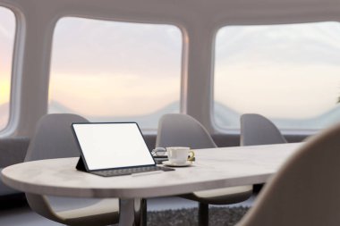 Modern, minimalist bir kafede ya da fütürist uzay gemisi temalı bir toplantı odasında beyaz mermer bir masanın üzerinde dijital tablet modeli duruyor. Çalışma alanı, çalışma yeri, 3D çizim, 3D illüstrasyon