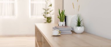 Ahşap bir koridor büfesi ya da içinde bir kahve fincanı, kitaplar ve dekoratif bitkilerin bulunduğu parlak, minimal bir iç oda. 3d görüntüleme, 3d illüstrasyon