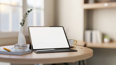 Beyaz ekran maketi, kablosuz klavyesi, stil kalemi ve modern minimalist bir odada yuvarlak ahşap bir masa üzerindeki dekoru olan dijital bir tablet. ev çalışma alanı, 3d görüntüleme, 3d illüstrasyon