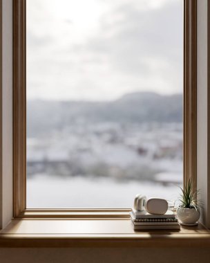 Göl manzaralı, kitaplarla, kulaklıklarla ve dekoratif bitkilerle dolu ahşap pencere pervazında veya pencere pervazında ürünleri sergilemek için bir kopya alanının ön görüntüsü. 3d görüntüleme, 3d illüstrasyon