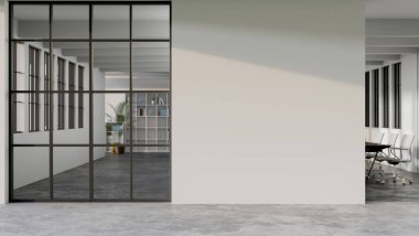Modern bir ofis koridorunun iç tasarımında cam bölme duvarı, beton tavan arası zemin ve boş beyaz bir duvar bulunur. 3d görüntüleme, 3d illüstrasyon