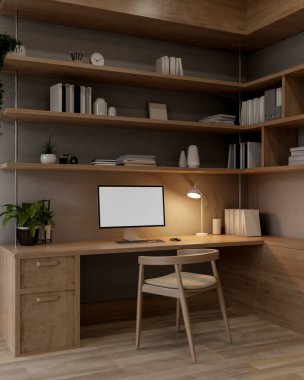 Çağdaş odunsu bir ev ofisinin iç tasarımı ahşap bir masanın üzerinde bir bilgisayar modeli, dekorlu ahşap bir raf ve parke zemin içerir. 3d görüntüleme, 3d illüstrasyon