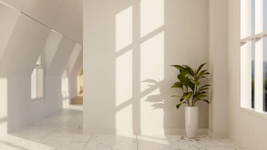 Modern beyaz bir iç dekorasyonda bir ev bitkisi, beyaz bir duvar, beyaz bir mermer zemin ve bir pencere bulunur. Boş oda, mobilyasız oda, 3D resim, 3D resim