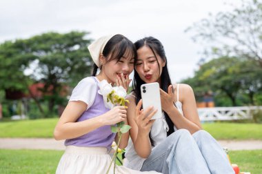 İki güzel genç Asyalı kadın parkta bir piknik sırasında akıllı telefondan bir şeye bakarken sohbet etmekten zevk alıyorlar. Açık hava aktivitesi, boş zaman, yaz zamanı, mutlu an.