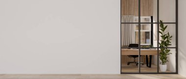 Modern bir salon koridorunun iç tasarımı boş beyaz bir duvar, parke zemin ve özel bir ofise bakan cam bir bölme içerir. 3d görüntüleme, 3d illüstrasyon