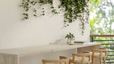 Asılı bitkilerle süslenmiş bir duvara yaslanmış taburelerle dolu, balkondan manzaralı manzaralı uzun tahta bir masanın yakın plan görüntüsü. 3d görüntüleme, 3d illüstrasyon