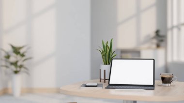Beyaz ekran modeli ve minimalist beyaz bir odada ahşap bir masada kablosuz klavyesi olan dijital bir tablet. ev çalışma alanı, iş yeri, yakın çekim, 3D görüntü, 3D görüntü