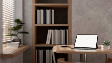 Modern bir çatı katındaki ahşap bir masada beyaz ekran modeli ve kablosuz klavyesi olan dijital bir tablet. İş yeri konsepti. 3d görüntüleme, 3d illüstrasyon