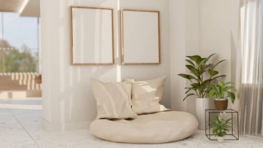 Çağdaş bir beyaz ev içi rahatlama alanı ya da oturma odası yastıklı, çerçeveli, beyaz bir duvar ve ev bitkileriyle dolu rahat bir armut çuvalına sahiptir. 3d görüntüleme, 3d illüstrasyon