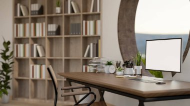 Tahta bir masanın üzerinde, yuvarlak bir pencereye, minimal bir koltuğa ve çağdaş bir odada büyük bir kitaplığa karşı beyaz ekran modeli olan bir bilgisayarın yan görüntüsü. 3d görüntüleme, 3d illüstrasyon