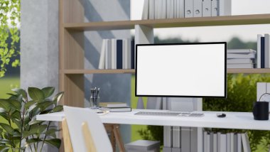 Modern bir çatı katındaki bir bilgisayar masasında çeşitli ev bitkileri ve büyük ahşap bir kitaplık bulunur ve beyaz bir masada beyaz ekran modeli sergilenir. 3d görüntüleme, 3d illüstrasyon