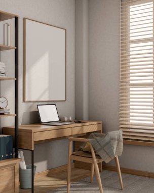 Minimalist bir İskandinav ofis çalışma alanı, duvara dayalı ahşap bir masada dizüstü bilgisayar, tahta bir koltuk, duvarda bir poster ve bir raf içerir. 3d görüntüleme, 3d illüstrasyon