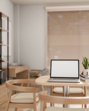 Çağdaş minimalist kahve dükkanının çalışma alanındaki ahşap bir masada beyaz ekran modeli olan bir dizüstü bilgisayarın yakın çekim görüntüsü. İş yeri konsepti. 3d görüntüleme, 3d illüstrasyon