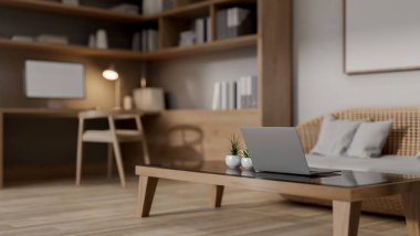 Konforlu bir oturma odasındaki sehpada bir laptop, hasır bir kanepe, bir bilgisayar masası ve bir parke zemin, sıcak ve davetkar bir atmosfer yaratıyor. 3d görüntüleme, 3d illüstrasyon