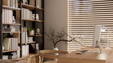 Minimalist ahşap bir bilgisayar masasının arka planda ve dekoratif objelerde bir kitaplığın yer aldığı rahat, çağdaş bir ofis veya ev ofisinin yan görüntüsü. 3d görüntüleme, 3d illüstrasyon
