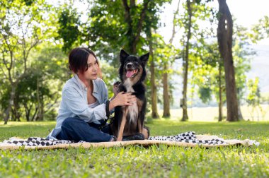 Asyalı bir kadın yeşil bir parkta köpeğiyle takılıyor. Parlak bir günde. Piknik örtüsünün üzerinde birlikte oturuyorlar. evcil hayvan, arkadaşlık, hayvan, açık hava aktivitesi