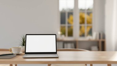 Çağdaş minimalist bir odadaki ahşap bir masanın üstünde beyaz ekran modeli olan bir laptop. ev çalışma alanı, yemek masasında dizüstü bilgisayar, 3D resim, 3D resim