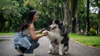 Asyalı dişi bir köpek sahibi köpeğini yeşil bir parkta gezdirirken onunla tokalaşmak ve konuşmak istiyor..