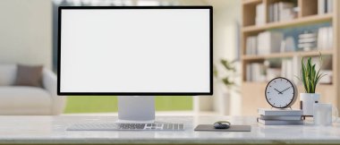 Çağdaş bir odada beyaz bir masanın üzerinde beyaz ekran modeli ve dekoru olan bir bilgisayarın yakın çekimi. ev ofisi, çalışma alanı, bilgisayar masası, 3D görüntüleme, 3D illüstrasyon