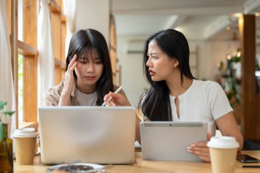 İki ciddi ve stresli Asyalı genç bayan arkadaş sorunlarını çözmek için bilgisayar ekranına odaklanmış bir kafeden birlikte çalışıyorlar..