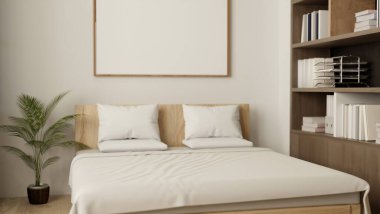 Çağdaş, minimalist bir yatak odasının iç tasarımı. Beyaz çarşaflı rahat bir yatak odası, beyaz duvarlı bir bitki örtüsü ve bir kitaplık. 3d görüntüleme, 3d illüstrasyon