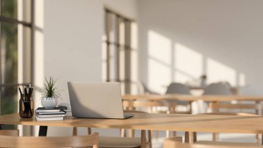 Aydınlık bir günde minimalist İskandinav kahve dükkanında ya da kütüphanede çalışan bir bilgisayarın arka görüntüsü. 3d görüntüleme, 3d illüstrasyon