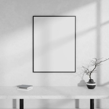 İçinde kitaplar, minimalist siyah seramik vazo bulunan beyaz bir konsol masasının ön görüntüsü ve güneş ışığı gölgeli beyaz bir duvara dayalı boş bir çerçeve. 3d görüntüleme, 3d illüstrasyon