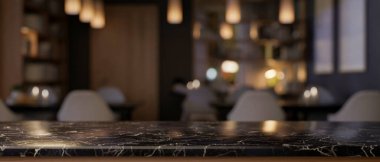Geceleri şık bir restoranın bulanık arka planına sahip lüks siyah mermer bir masanın üstünde ürünleri sergilemek için bir alan. bir yakın plan resim, 3d görüntüleme, 3d illüstrasyon