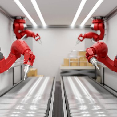 Modern bir fabrikada çift taşıma bantları üzerinde üretim hattında kırmızı robotik montaj silahları. Otomatik üretim. 3d görüntüleme, 3d illüstrasyon