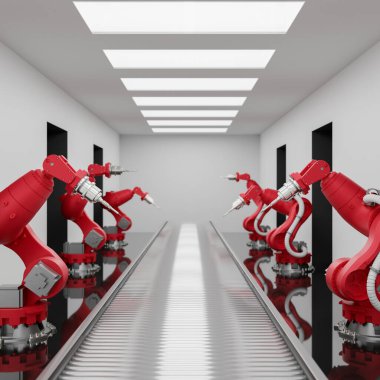 Modern bir fabrikadaki taşıma bantları üzerinde üretim hattındaki kırmızı robot montaj silahları. Otomatik üretim. 3d görüntüleme, 3d illüstrasyon