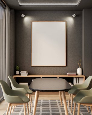 Bir sergi için boş bir çerçeve, çağdaş lüks bir yemek odasında veya toplantı odasında gri bir duvara monte edilir. 3d görüntüleme, 3d illüstrasyon