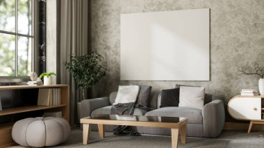 Modern gri bir apartman dairesinin iç tasarımı, yastıklı gri bir kanepe, tavan arası duvarında boş bir çerçeve, modern ev dekorasyonu ve sehpada bir fotokopi alanı içerir. 3d görüntüleme, 3d illüstrasyon