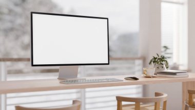 Parlak minimalist bir odada, balkondan manzaralı ahşap bir masada beyaz ekran modeli olan bir bilgisayar. çalışma alanı, ofis, işyeri, 3D çizim, 3D illüstrasyon