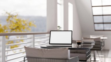 Modern bir kahve dükkanında ya da otel salonu avlusunda beyaz ekran maketi, kitapları ve kahve fincanı olan bir laptop. Çalışma alanı, iş yeri, uzaktan çalışma, 3D görüntüleme, 3D illüstrasyon