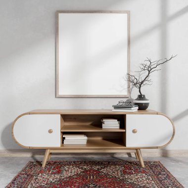 Beyaz bir duvarda, dekorlu ahşap bir dolabın üstünde ve odada bir Hint halısı olan bir resim çerçevesinin ön görüntüsü. Minimum, şık bir koridor köşesi. 3d görüntüleme, 3d illüstrasyon