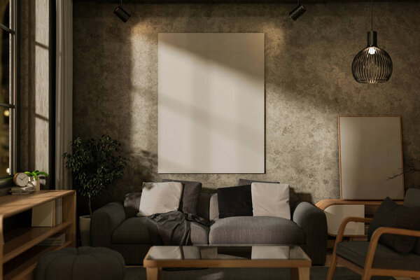 The interior design of a contemporary loft living room at night, featuring a comfortable grey couch, a coffee table, home decor, and a picture frame on the loft wall. 3d render, 3d illustration