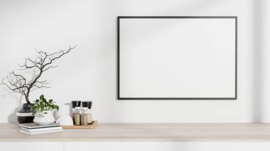 Dekoratif nesnelerle dolu ahşap bir konsol masasının üzerindeki beyaz bir duvarda asgari çerçeve posterinin ön görüntüsü. 3d görüntüleme, 3d illüstrasyon