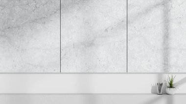 Beyaz bir yüzeyde beyaz mermer bir dolabın altındaki beyaz bir duvara karşı ürünleri sergilemek için bir kopya alanı ön görüntüsü. 3d görüntüleme, 3d illüstrasyon