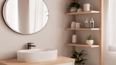 Minimalist İskandinav banyosunun iç tasarımında yuvarlak bir ayna, asgari ahşap tezgahta bir lavabo, dekorlu ahşap bir raf ve ev bitkileri bulunur. 3d görüntüleme, 3d illüstrasyon