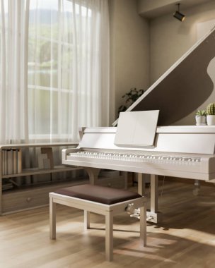 Çağdaş bir oturma odasının penceresinin yanında güzel beyaz bir piyano seti. Klasik enstrüman, müzik okulu, ev dekorasyonu, 3D çizim, 3D resim