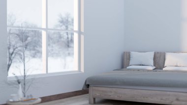 Minimalist bir yatak odasının iç tasarımı, pencerenin yanında kış manzaralı rahat bir yatak içerir. 3d görüntüleme, 3d illüstrasyon