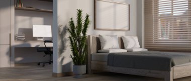 Modern bir apartman odasının iç tasarımı pencerenin yanında rahat bir yatak, bir saksı ve arkasında çalışma alanı içerir. 3d görüntüleme, 3d illüstrasyon