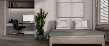 Modern bir apartman odasının iç tasarımı pencerenin yanında rahat bir yatak, bir saksı ve arkasında çalışma alanı içerir. 3d görüntüleme, 3d illüstrasyon