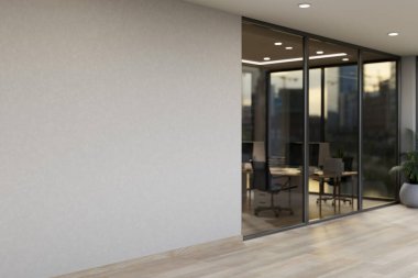 Modern bir gökdelen ofis koridorunun iç tasarımında parke döşeme, beyaz duvarlar, tenteli aydınlatma ve büyük ofis pencereleri yer almaktadır. 3d görüntüleme, 3d illüstrasyon