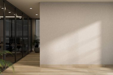 Modern bir gökdelen ofis koridorunun iç tasarımında parke döşeme, beyaz duvarlar, tenteli aydınlatma ve büyük ofis pencereleri yer almaktadır. 3d görüntüleme, 3d illüstrasyon