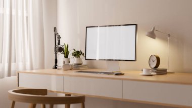 Podcast ekipmanlarının olduğu rahat, minimalist bir ev ofisi, beyaz ekran modeli, mikrofon, kulaklık ve dekoratif aksanlı bir bilgisayar. 3d görüntüleme, 3d illüstrasyon