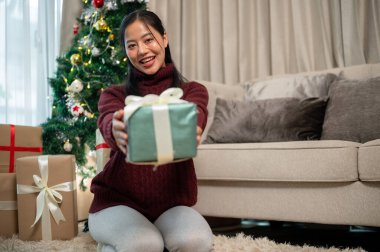 Hoş kırmızı örgü süveterli çekici bir Asyalı kadın Noel hediyesi kutusunu gösteriyor ve sıcak bir Noel atmosferiyle çevrili oturma odasında otururken kameraya gülümsüyor..