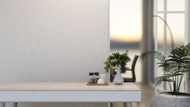 Ürünleri minimalist ahşap bir masada sergilemek için bir kopya alanı modern parlak bir odada seramik bir vazo ve bir kahve tepsisi içerir. Ofis işyeri. 3d görüntüleme, 3d illüstrasyon