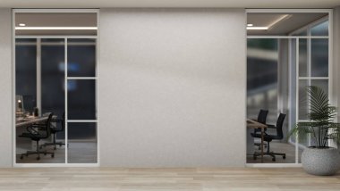 Ofis odasının önündeki modern ofis koridorunda beyaz boş bir duvar, parke döşeme ve pencereler bulunur. 3d görüntüleme, 3d illüstrasyon
